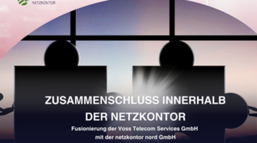 Zwei Silhouetten schütteln sich vor großen Fenstern die Hände. Ein deutscher Text kündigt die Fusion der Voss Telecom Services GmbH mit der netzkontor nord GmbH an. Die Logos erscheinen oben links.